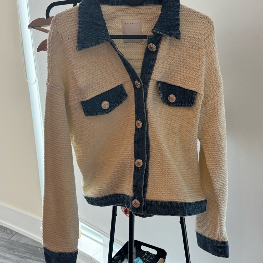 Sandro Cream and Blue Denim Detail Jacket